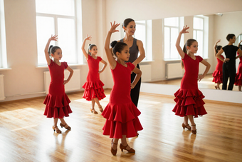 Grupo de niñas aprendiendo flamenco con vestidos rojos en un estudio luminoso