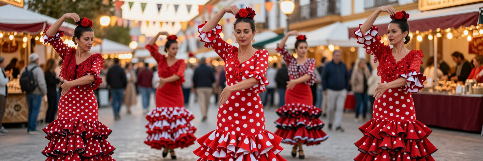 Bailaoras de sevillanas con vestidos de lunares rojos en una fiesta de Huelva