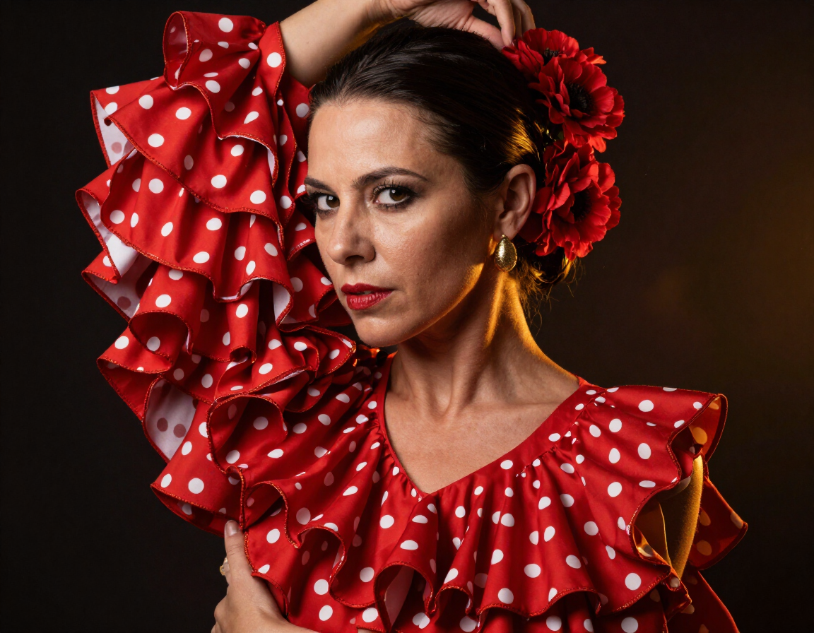 Bailaora de sevillanas con traje de lunares rojo y flor en el pelo