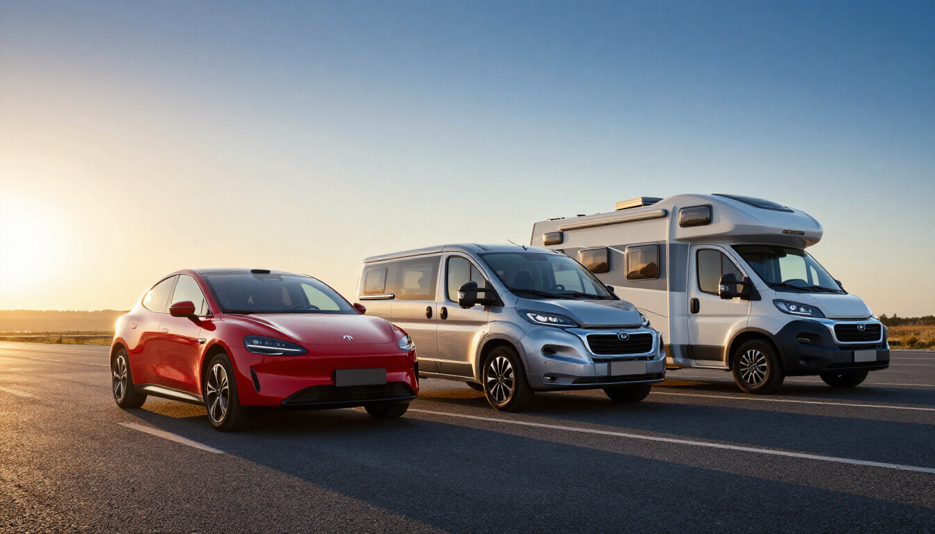 Des véhicules de tourisme dont deux voitures et un camping-car.