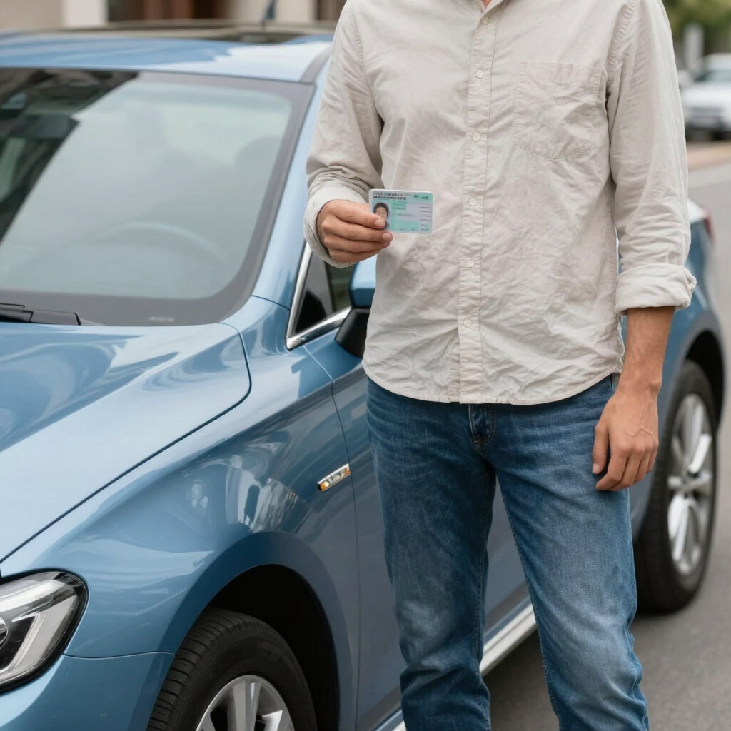 Una persona de pie junto a un coche azul, sosteniendo una tarjeta pequeña.