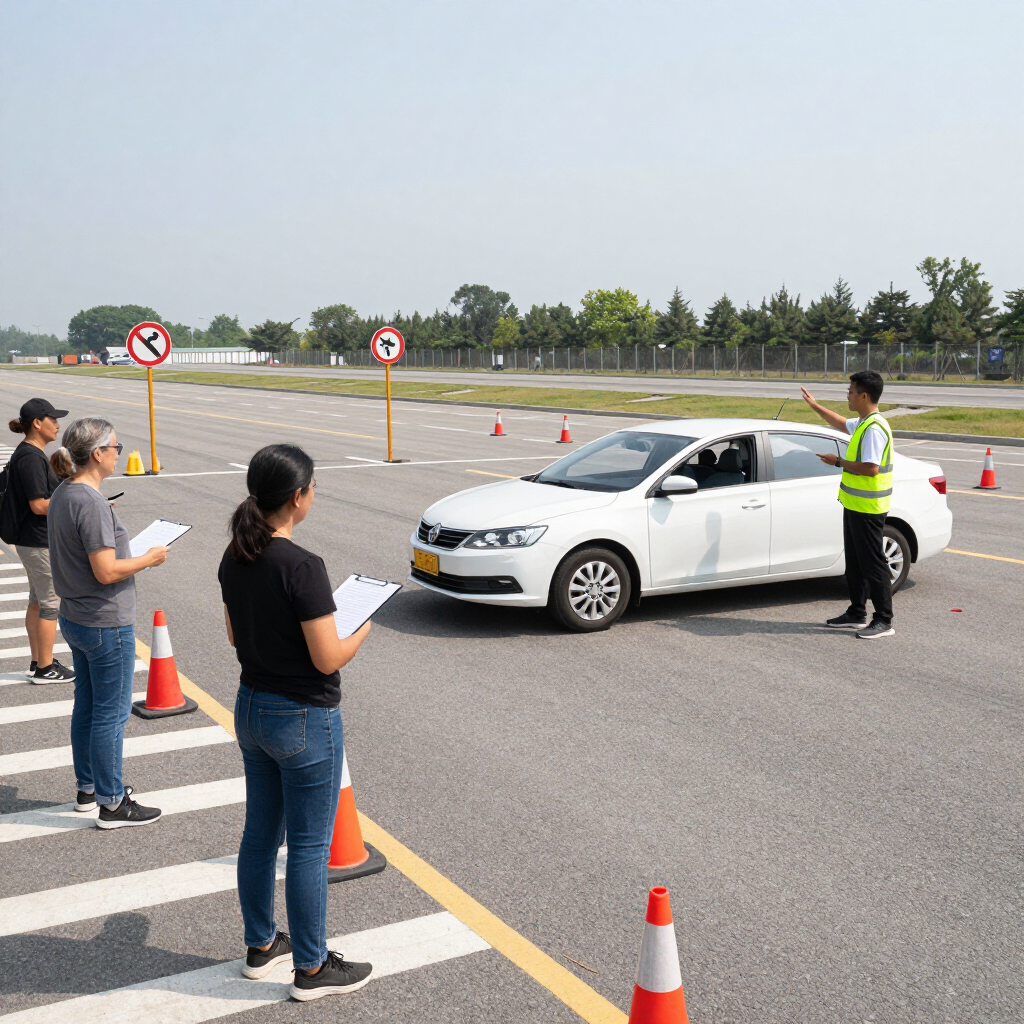 Examen de conducir en curso con un sedán blanco, un instructor y examinadores con portapapeles en un estacionamiento