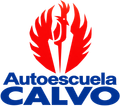 Logotipo de Autoescuela Calvo con un s&iacute;mbolo rojo y texto azul sobre fondo blanco
