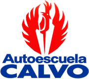Logotipo de Autoescuela Calvo con un símbolo rojo y texto azul sobre fondo blanco