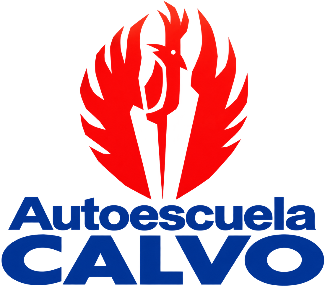 Logotipo de Autoescuela Calvo con un s&iacute;mbolo rojo y texto azul sobre fondo blanco