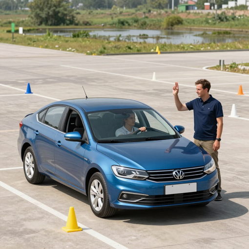 Sedán Volkswagen azul en un circuito de conducción, mientras un hombre permanece cerca haciendo una señal con la mano.