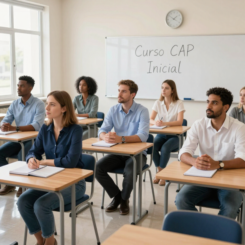 Personas sentadas en pupitres en un aula luminosa durante un curso de introducción, con «Curso CAP inicial» escrito en la pizarra.
