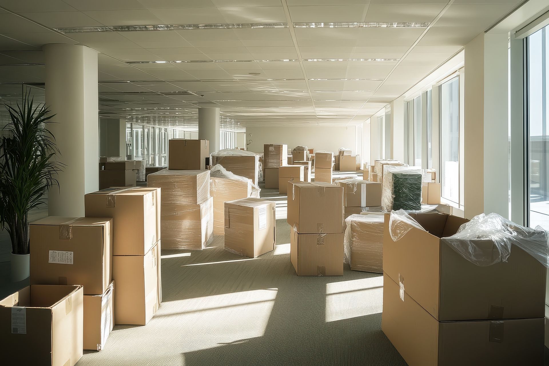 Espace de bureau avec des cartons emballés pour le transport