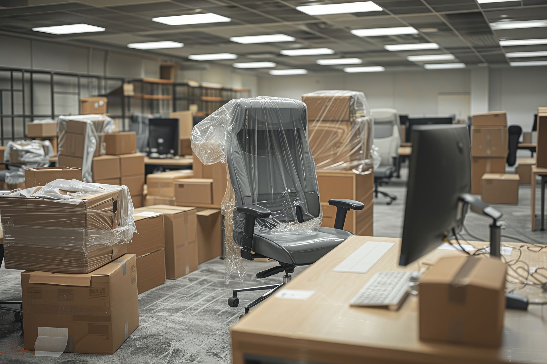 Chaise emballé au milieu de cartons dans un bureau