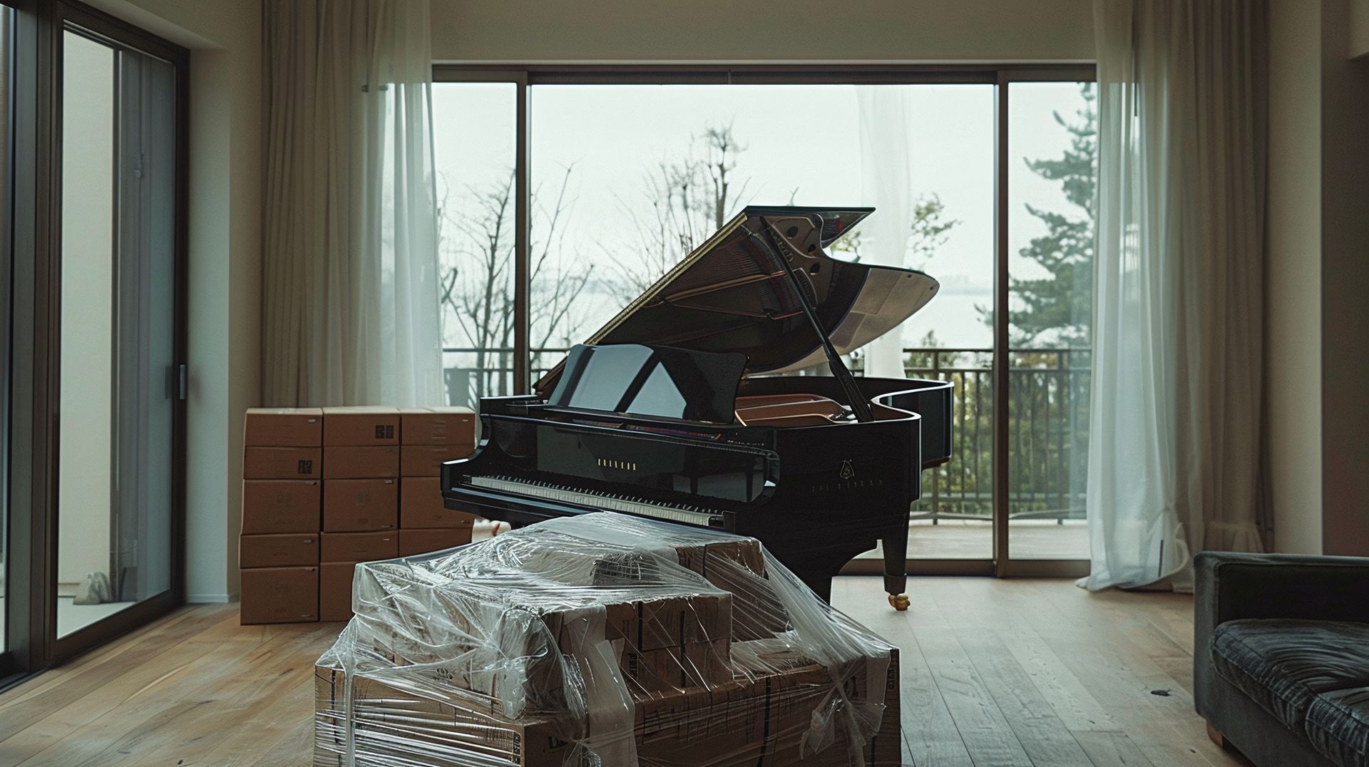 Piano dans une pièce vide avec des cartons