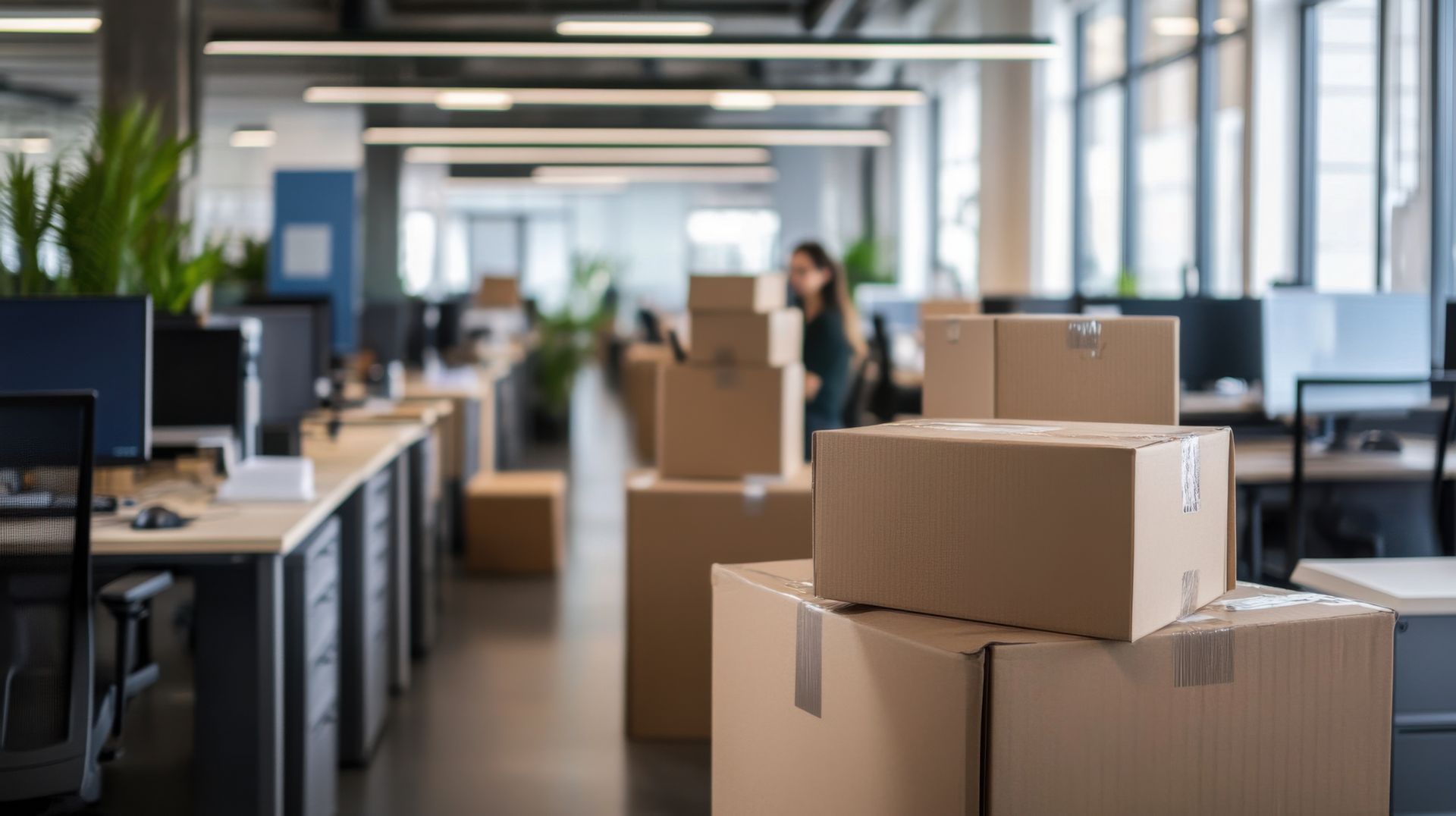 Des cartons empilés dans un bureau