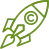 Un icono de dibujo lineal de color verde claro que representa una nave espacial con un símbolo de copyright en un lateral.