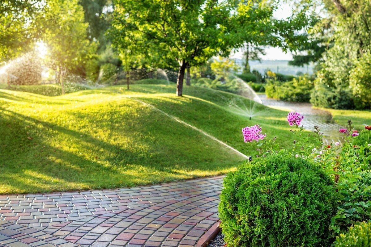 Un sendero de ladrillos serpentea a través de un césped verde y frondoso, regado por aspersores bajo una suave luz dorada del sol.