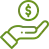 Un icono de color verde oliva que representa una mano con la palma hacia arriba, sosteniendo encima una moneda circular con el símbolo del dólar.