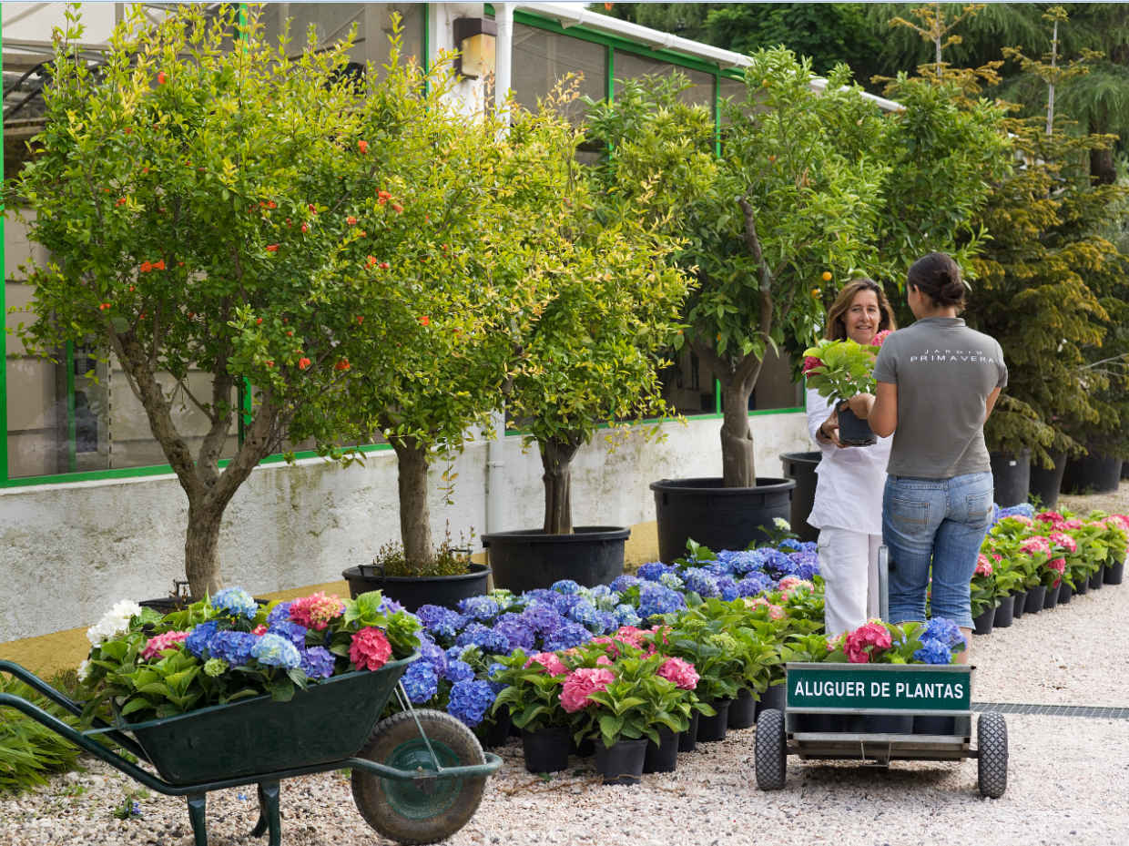 Duas mulheres em pé ao lado de um carrinho de mão que diz jardin de fata