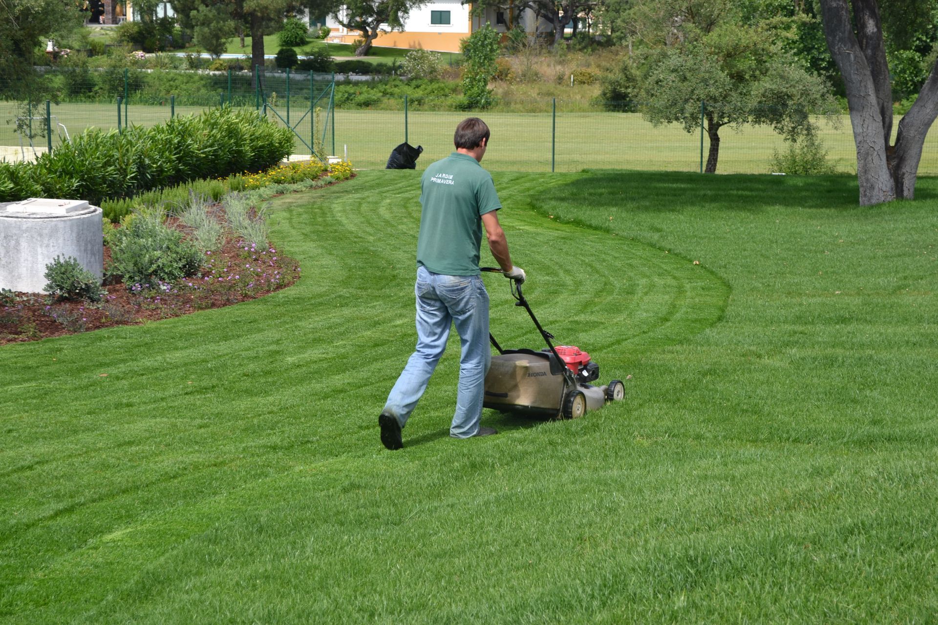 Um homem está cortando um gramado verdejante com um cortador de grama.