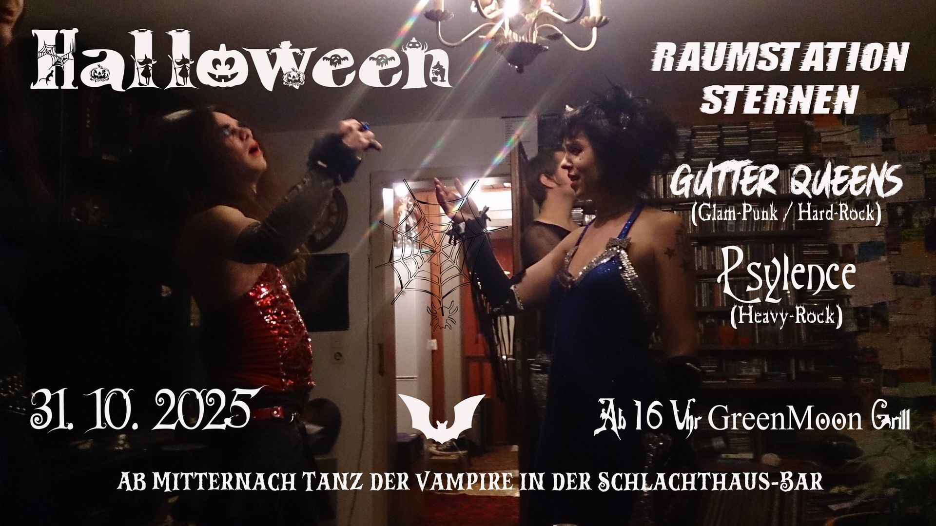 Halloween-Party-Plakat: zwei kostümierte Personen, Raum mit Bandnamen, Datum und Veranstaltungsort.