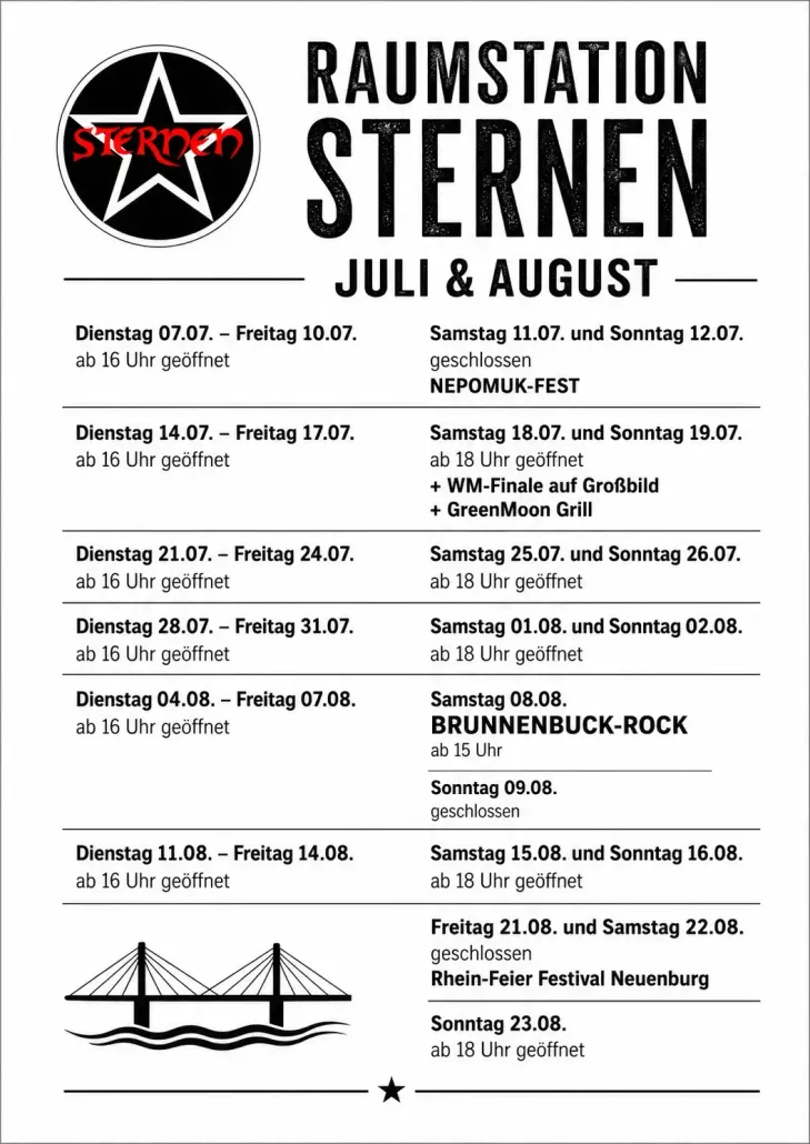 Schwarz-weißes Poster für „Raumstation Sternen“ mit Sternenlogo sowie Veranstaltungsdaten, Uhrzeiten und Bands.