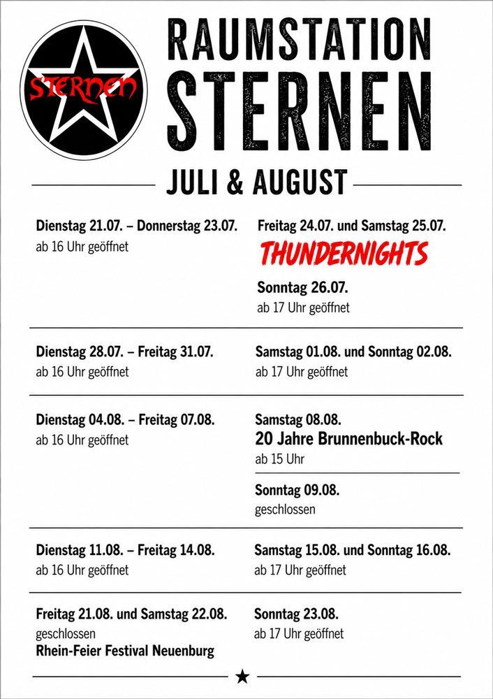 Schwarz-weißes Poster für „Raumstation Sternen“ mit Sternenlogo sowie Veranstaltungsdaten, Uhrzeiten und Bands.