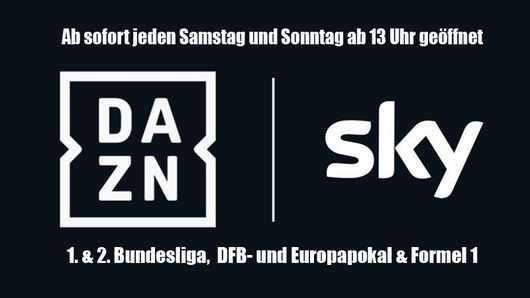 Ein Logo von DAZN und sky auf schwarzem Hintergrund