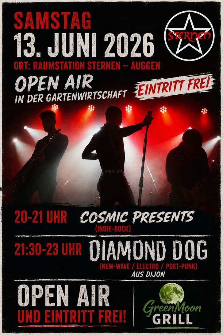 Plakat für ein Open-Air-Konzert mit schwarz-roten Silhouetten und Veranstaltungsdetails für den 13. Juni 2026, Eintritt frei.