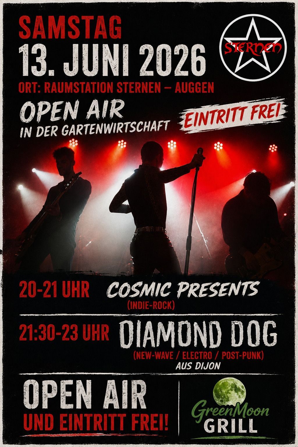 Plakat für ein Open-Air-Konzert mit schwarz-roten Silhouetten und Veranstaltungsdetails für den 13. Juni 2026, Eintritt frei.