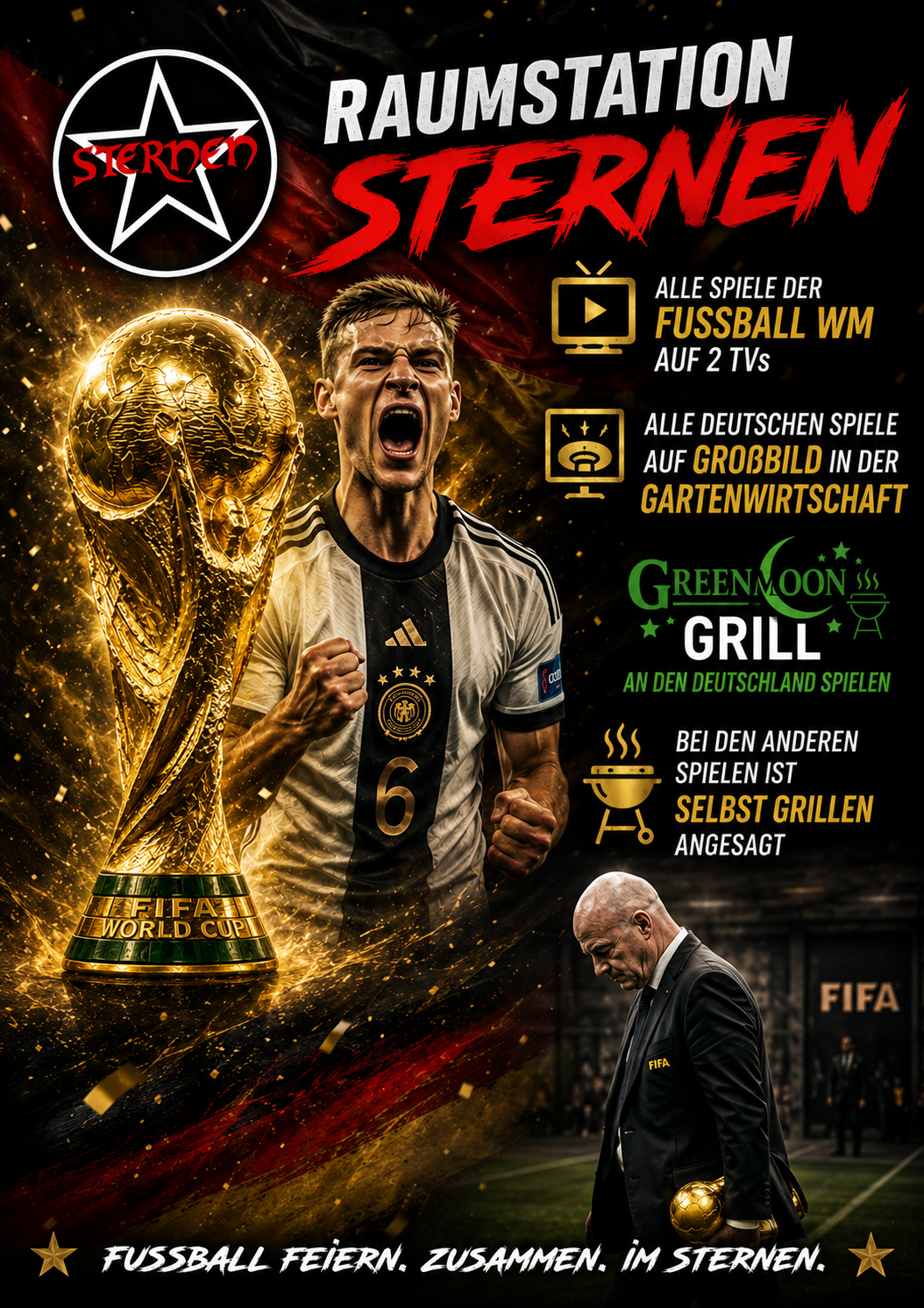 Fußballplakat der Raumstation Sternen mit goldener Trophäe, jubelndem Spieler und Veranstaltungsdetails auf schwarzem Hintergrund