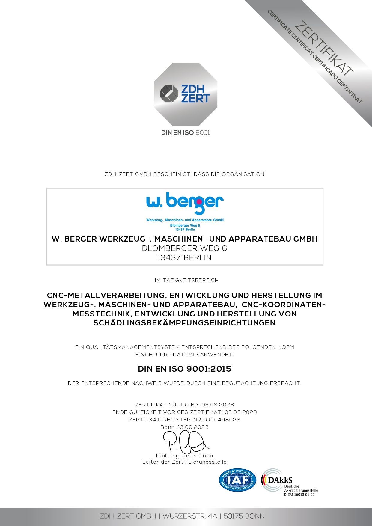 W. Berger DIN EN ISO 9001-Zertifikat