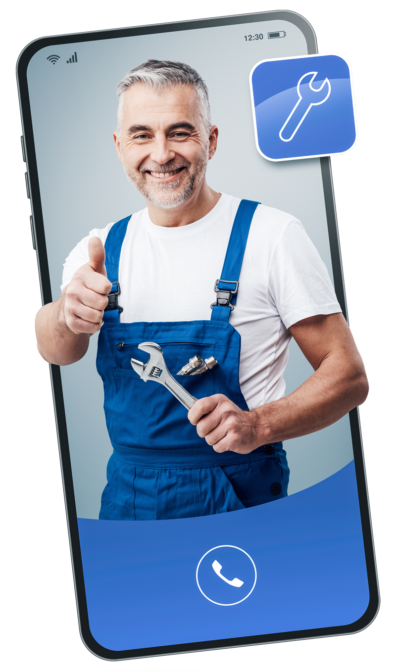 Illustration d'un téléphone et d'un homme en salopette