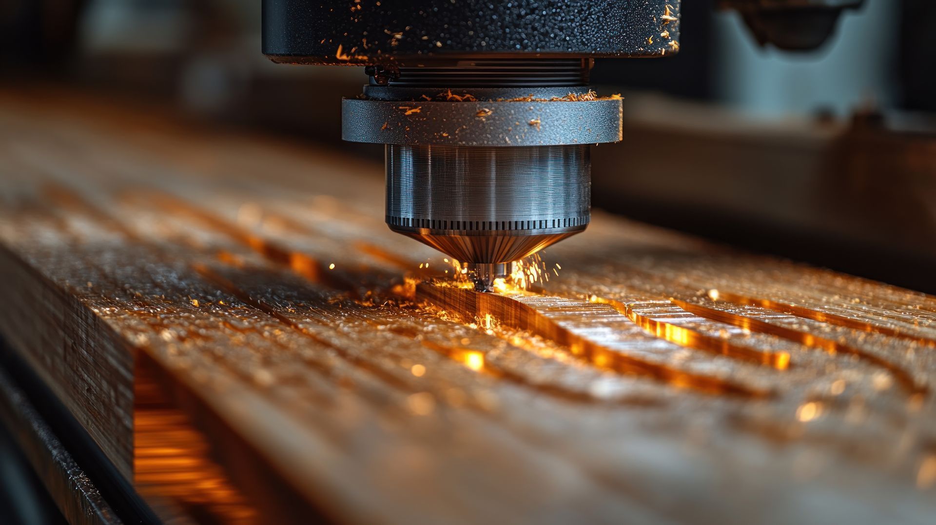Une machine CNC grave des rainures dans une planche de bois, des étincelles jaillissent.