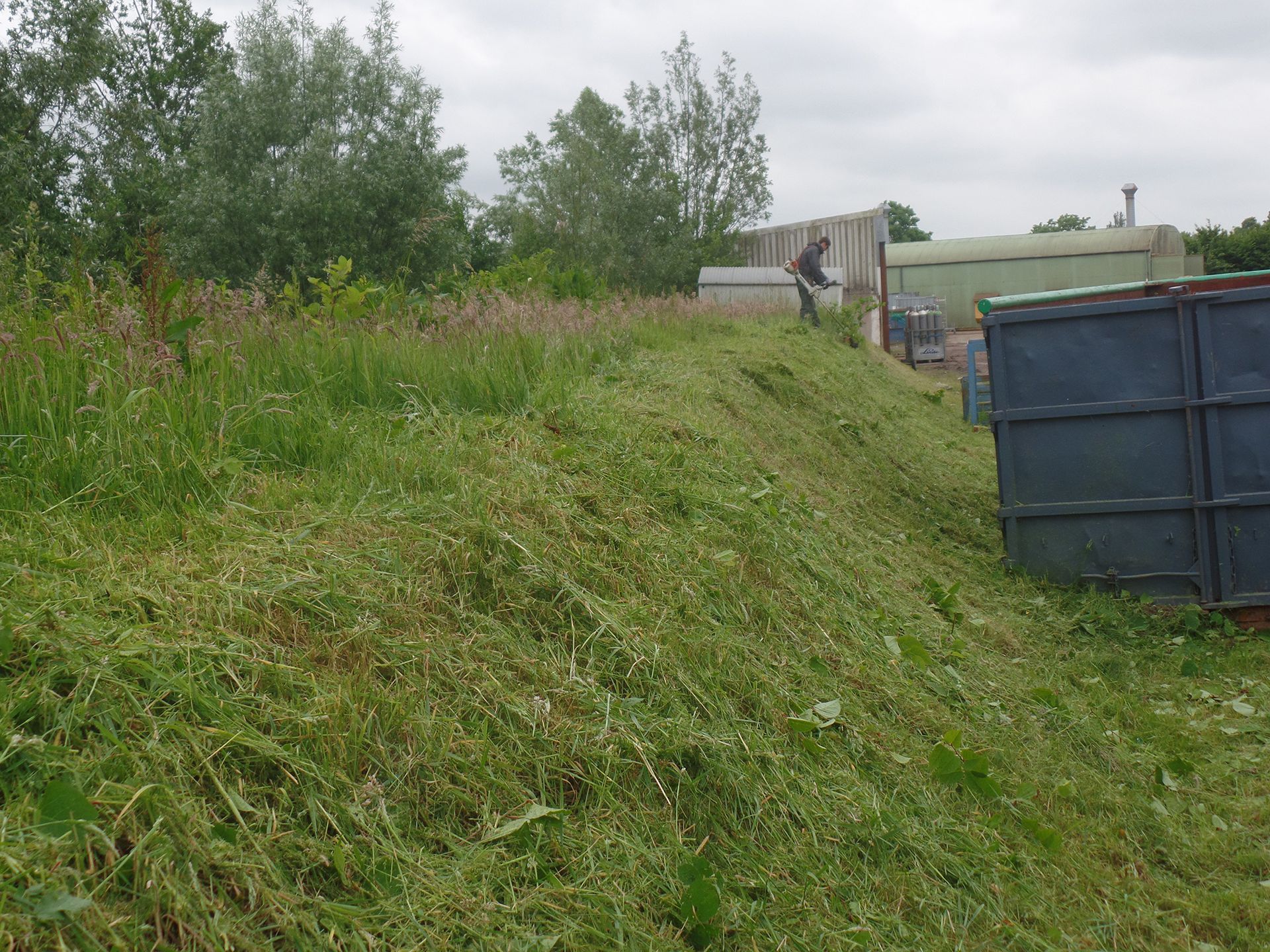 Ein Mann steht auf einem grasbedeckten Hügel.