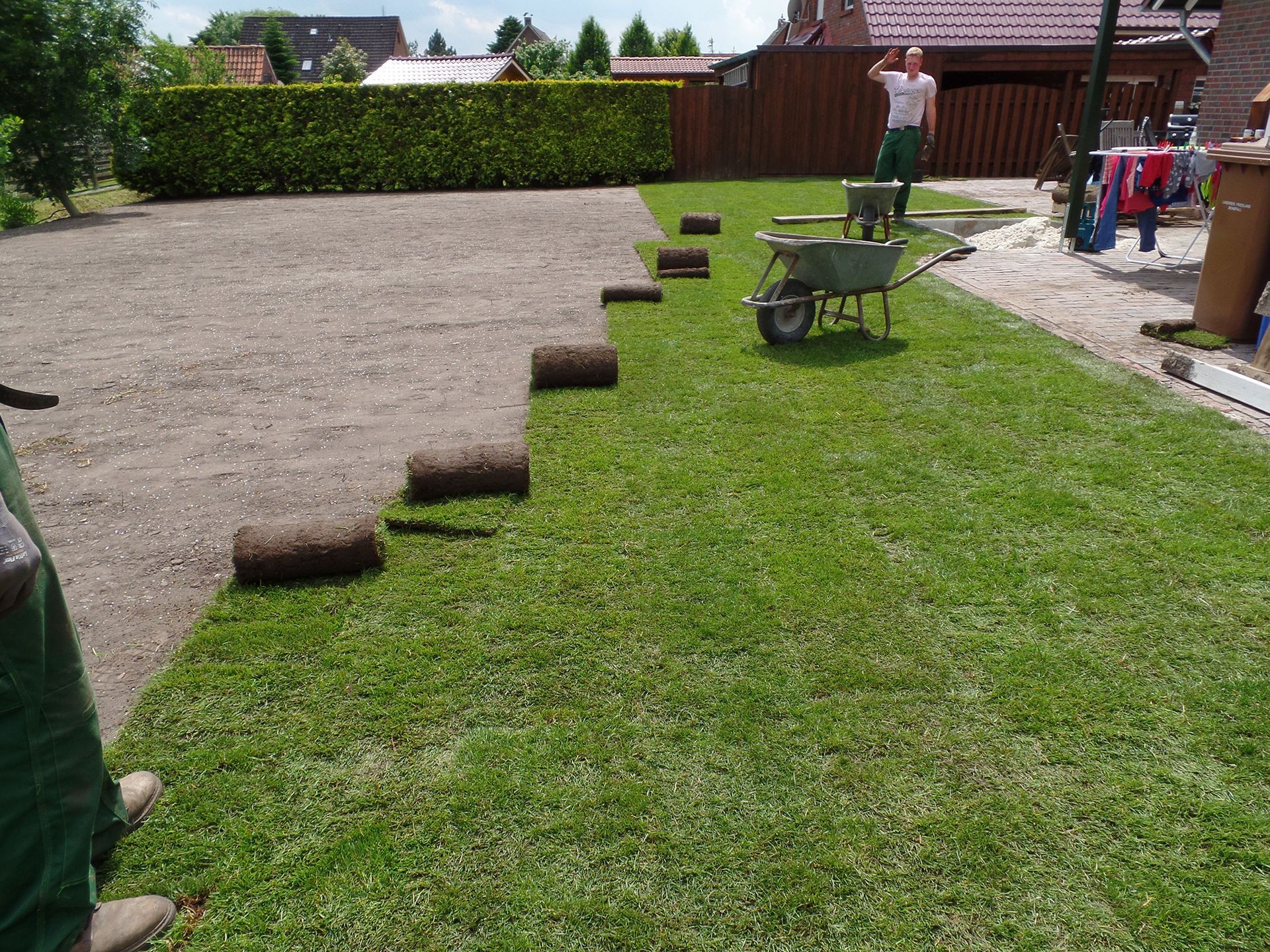 Ein Mann steht auf einem üppigen grünen Rasen neben einer Schubkarre.