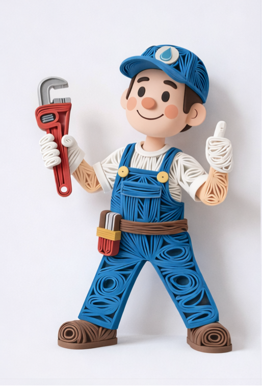 Figura de fontanero sosteniendo una llave inglesa, vistiendo un mono y una gorra azules, y haciendo un gesto con el pulgar hacia arriba.
