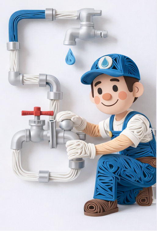 Fontanero con mono azul trabajando en tuberías y abriendo una válvula. Fondo blanco.