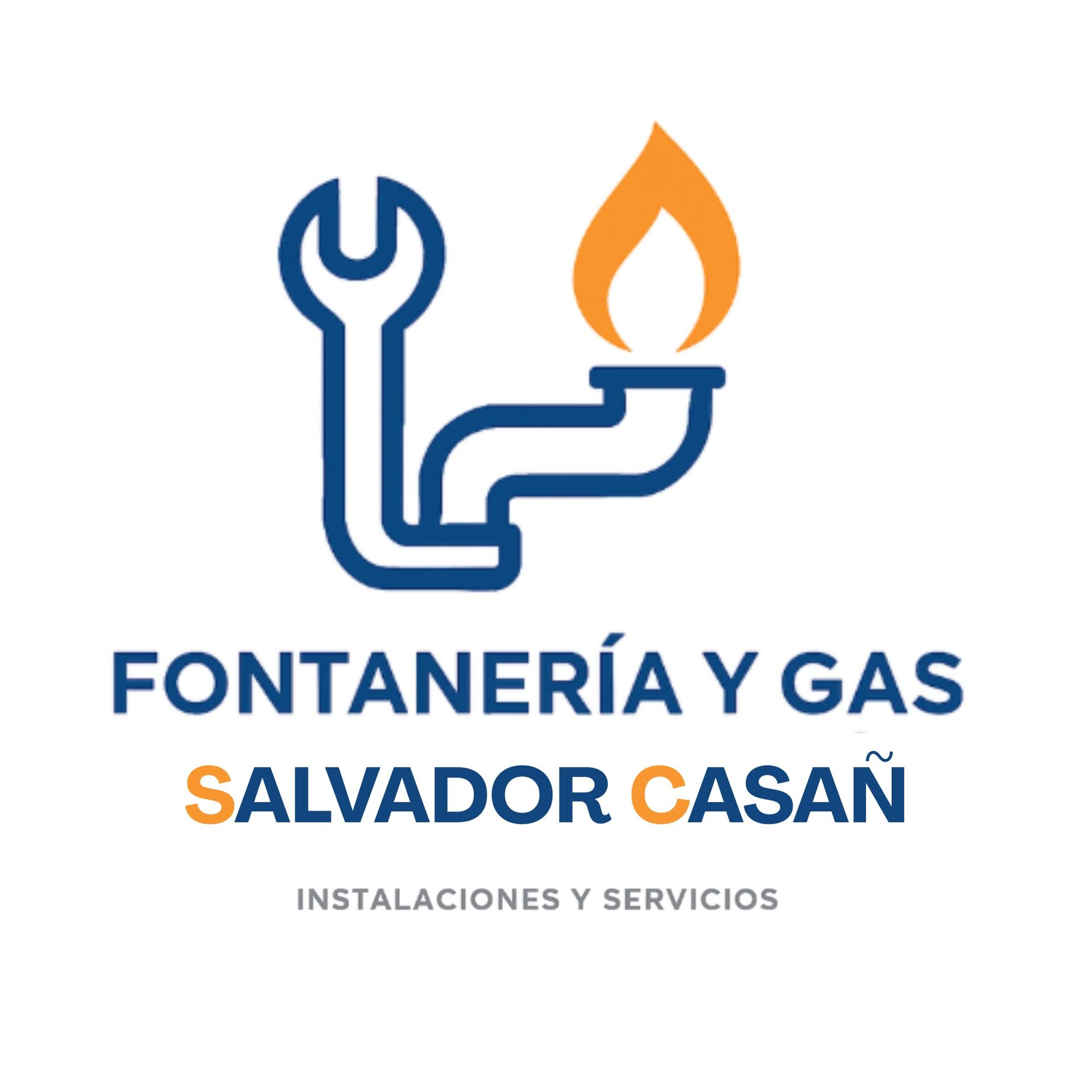 Logotipo: llave inglesa azul y tubería con llama naranja sobre el texto "Fontanería y Gas Salvador Casañ".