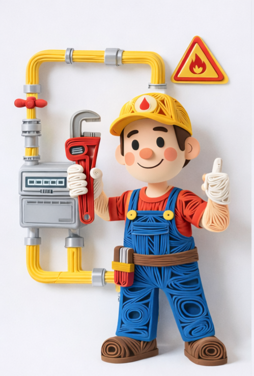 Fontanero con una llave inglesa junto a tuberías de gas amarillas. Arriba, una señal de peligro de incendio.