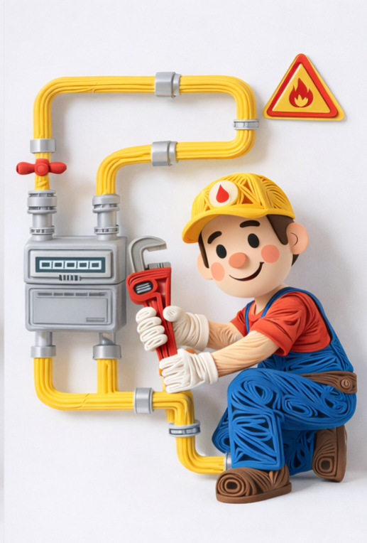 Fontanero de dibujos animados con una llave inglesa cerca de tuberías de gas amarillas y medidor, señal de advertencia de incendio.