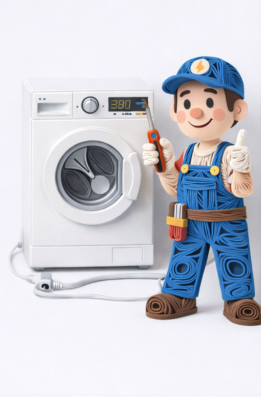 Un reparador de dibujos animados con un destornillador y el pulgar hacia arriba está parado al lado de una lavadora.