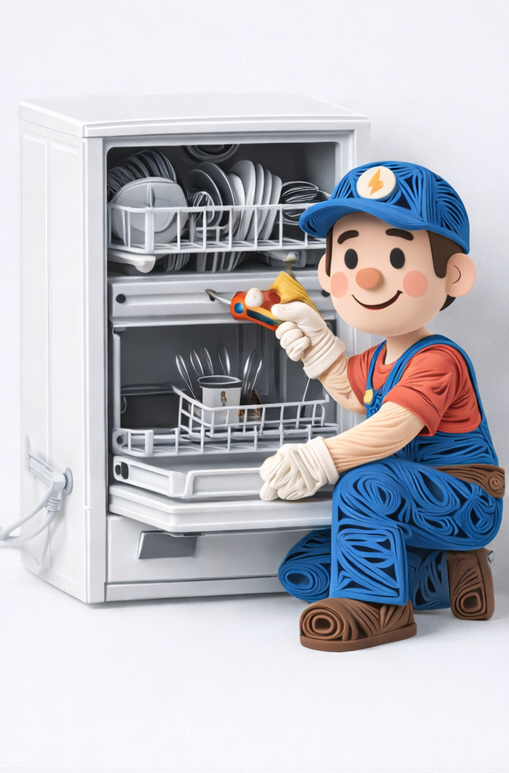 Manitas de dibujos animados arreglando un lavavajillas con un destornillador.