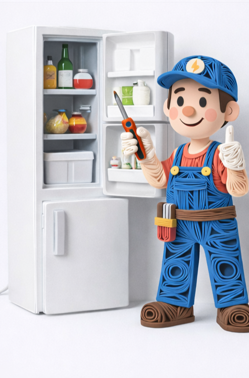 Reparador de dibujos animados con herramientas, sonriendo cerca del refrigerador abierto.