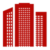 Ein rotes Symbol mit drei hohen Gebäuden auf weißem Hintergrund.