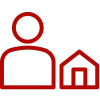 Ein rotes Symbol einer Person und eines Hauses auf weißem Hintergrund.