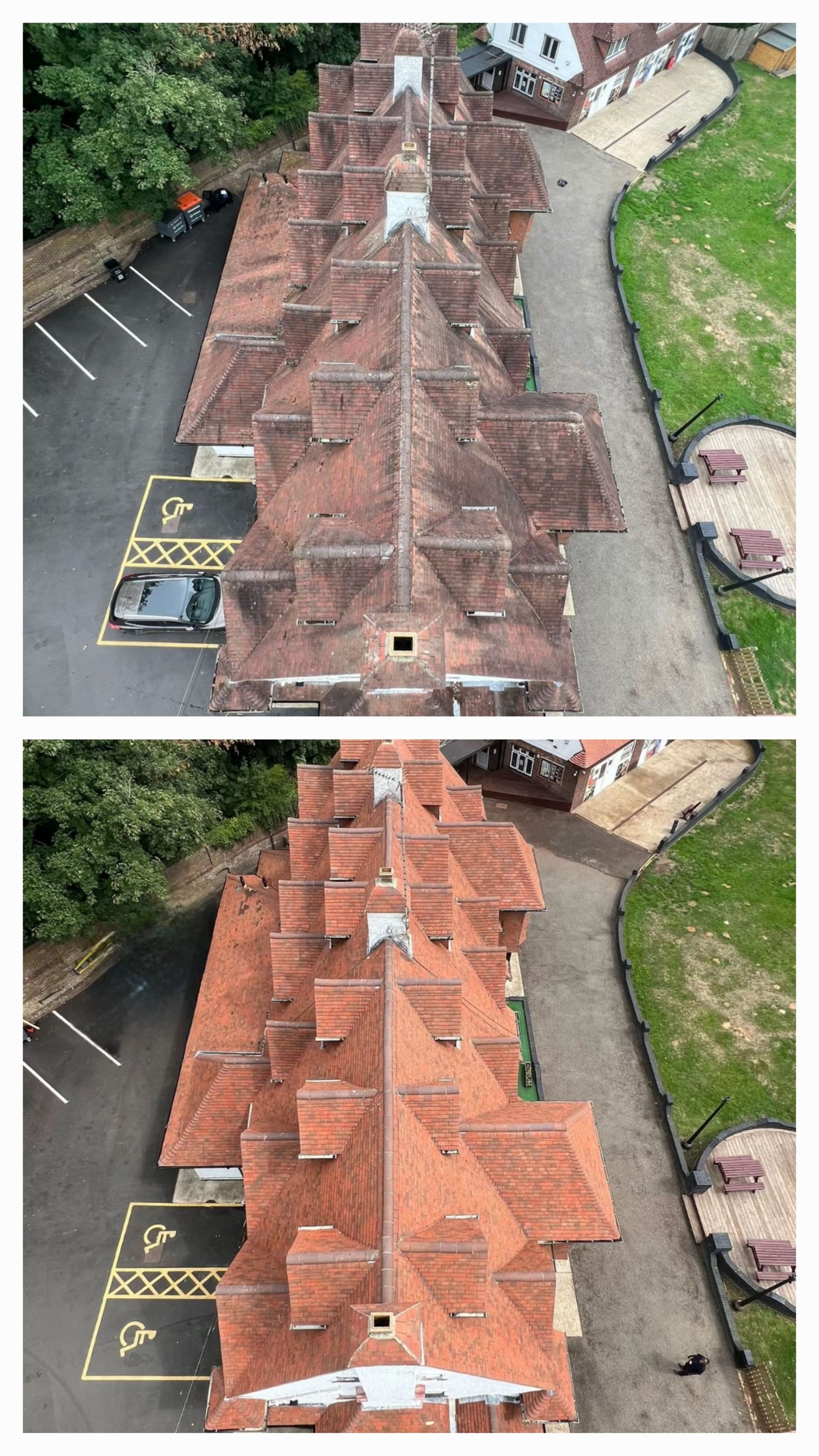 Comparación en pantalla dividida que muestra un tejado de tejas rojas antes y después de una limpieza profesional.