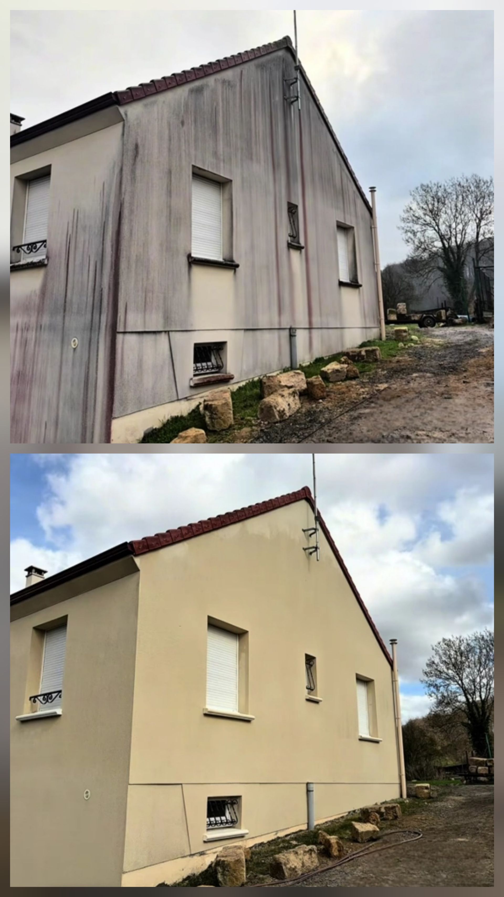 Comparación del antes y el después del exterior de una casa, mostrando la eliminación de manchas oscuras de la pared de color claro.