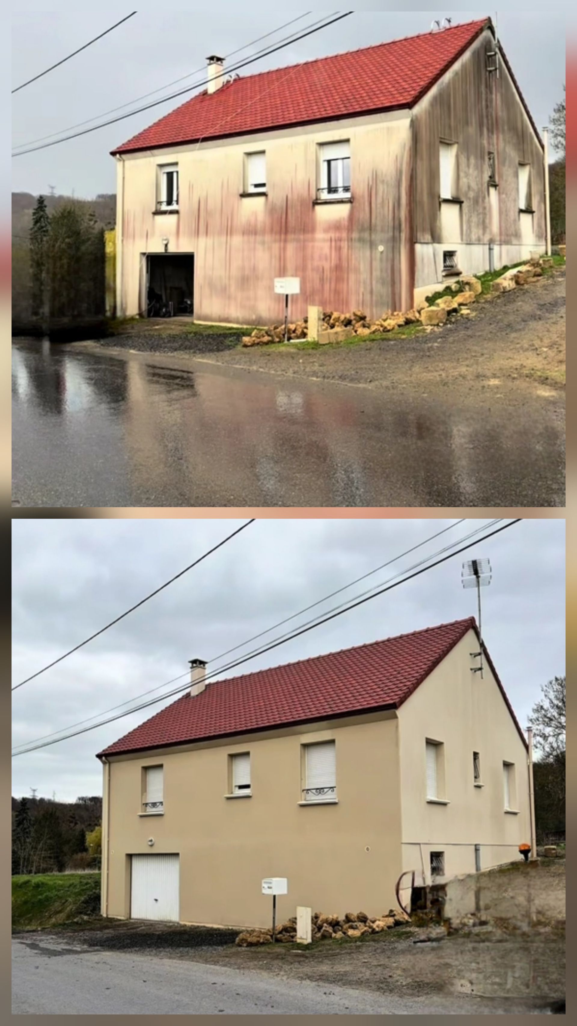 Fachada de una casa de tejado rojo y paredes amarillas con manchas rojas y oscuras antes de la renovación exterior.