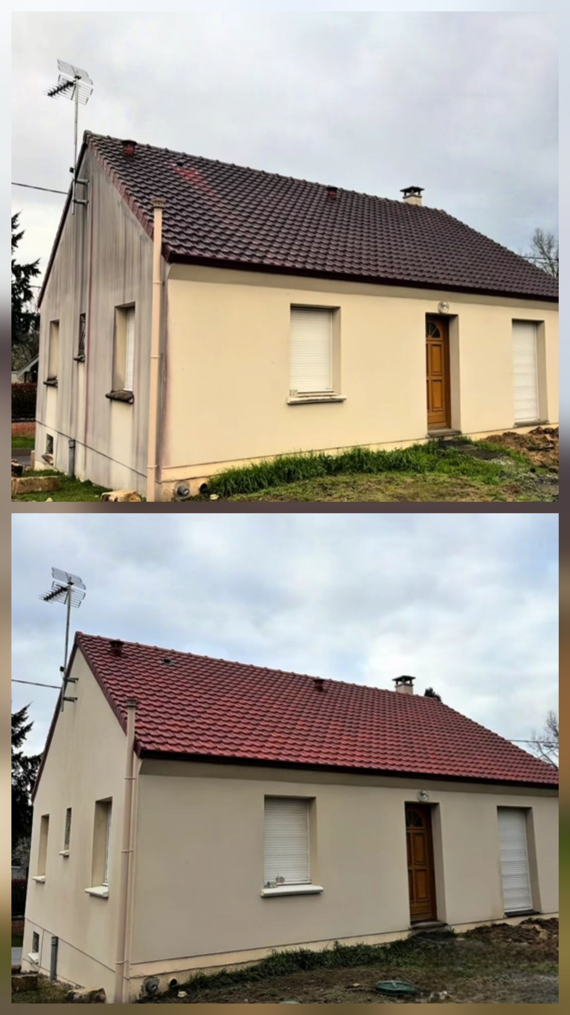 Fotos del antes y el después de una casa que muestran una pared exterior limpia y un techo renovado de color rojo brillante.