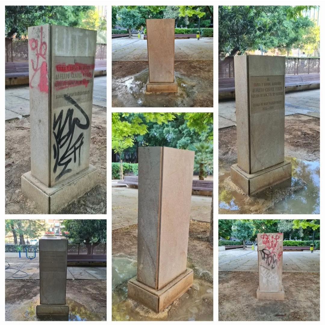 Un collage que muestra un monumento de piedra desde varios ángulos en un parque, algunos de cuyos lados están cubiertos de grafitis.