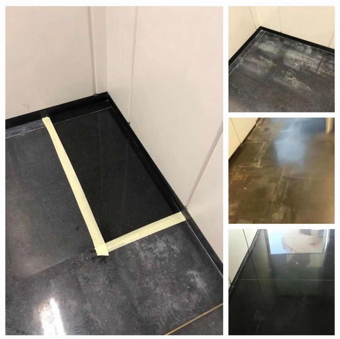 Imagen compuesta que muestra el proceso de limpieza y restauración de un suelo oscuro, pasando de un estado opaco y manchado a uno brillante.