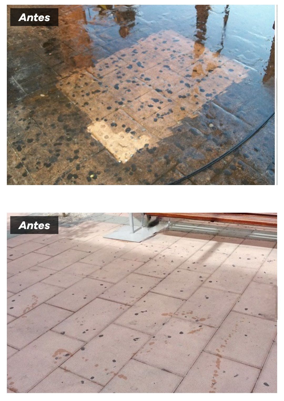 Dos fotografías del antes y el después que muestran superficies de pavimento de piedra, una sumergida en agua y otra seca con escombros dispersos.