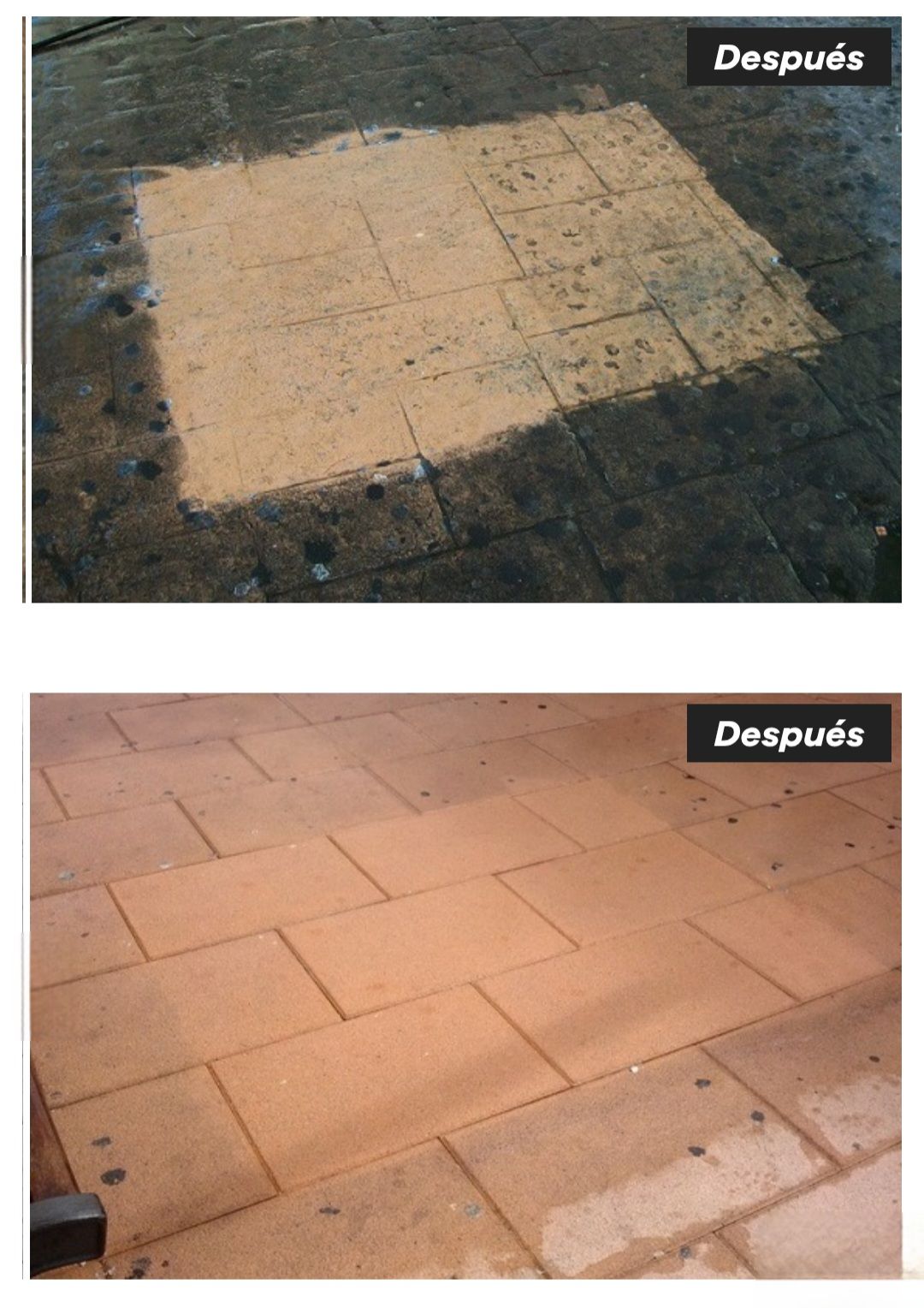 Dos imágenes comparativas que muestran las baldosas del suelo antes y después de un proceso de limpieza, lo que da como resultado un aspecto más limpio y uniforme.